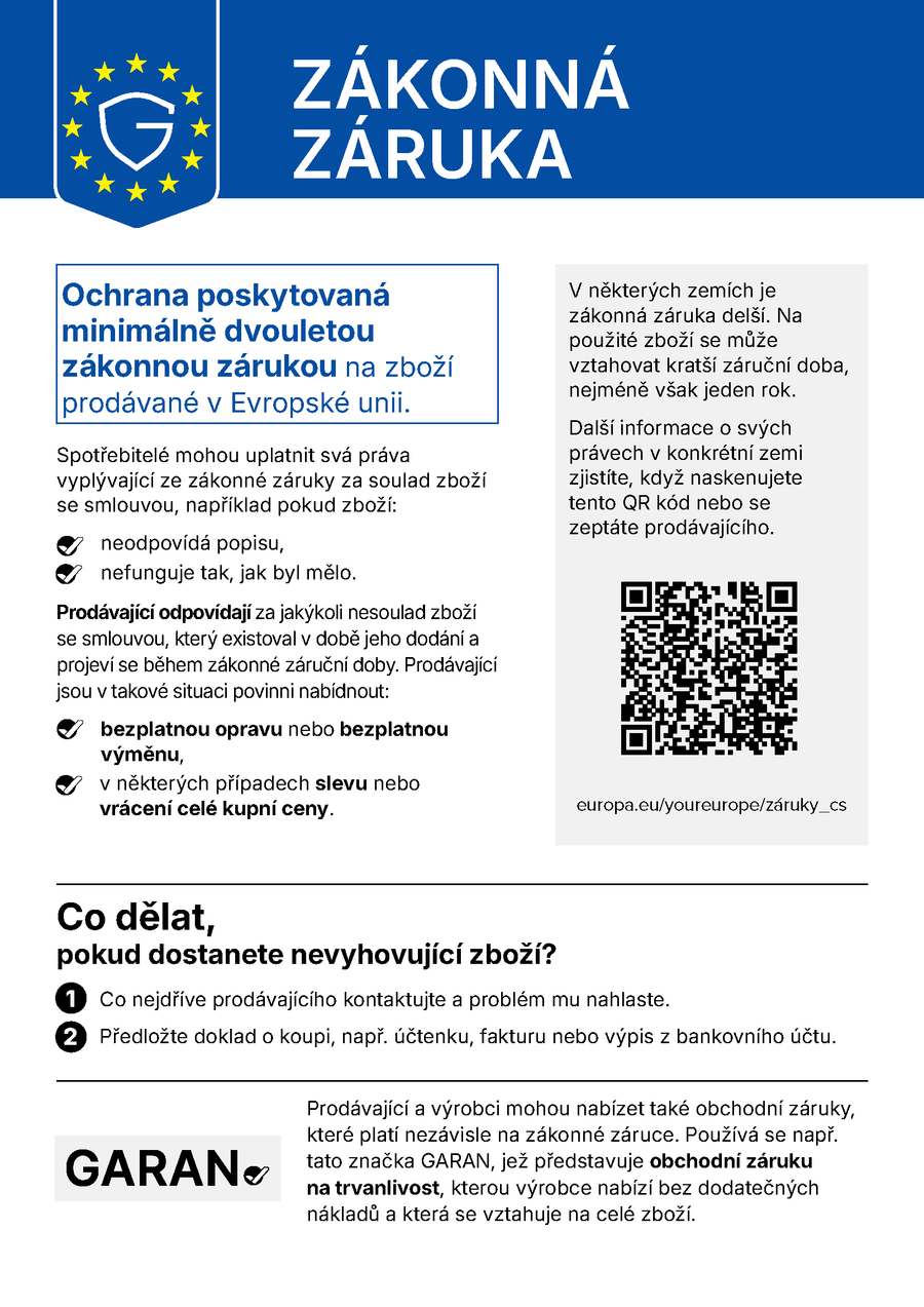 Oznámení EU: vaše práva ze zákonné záruky